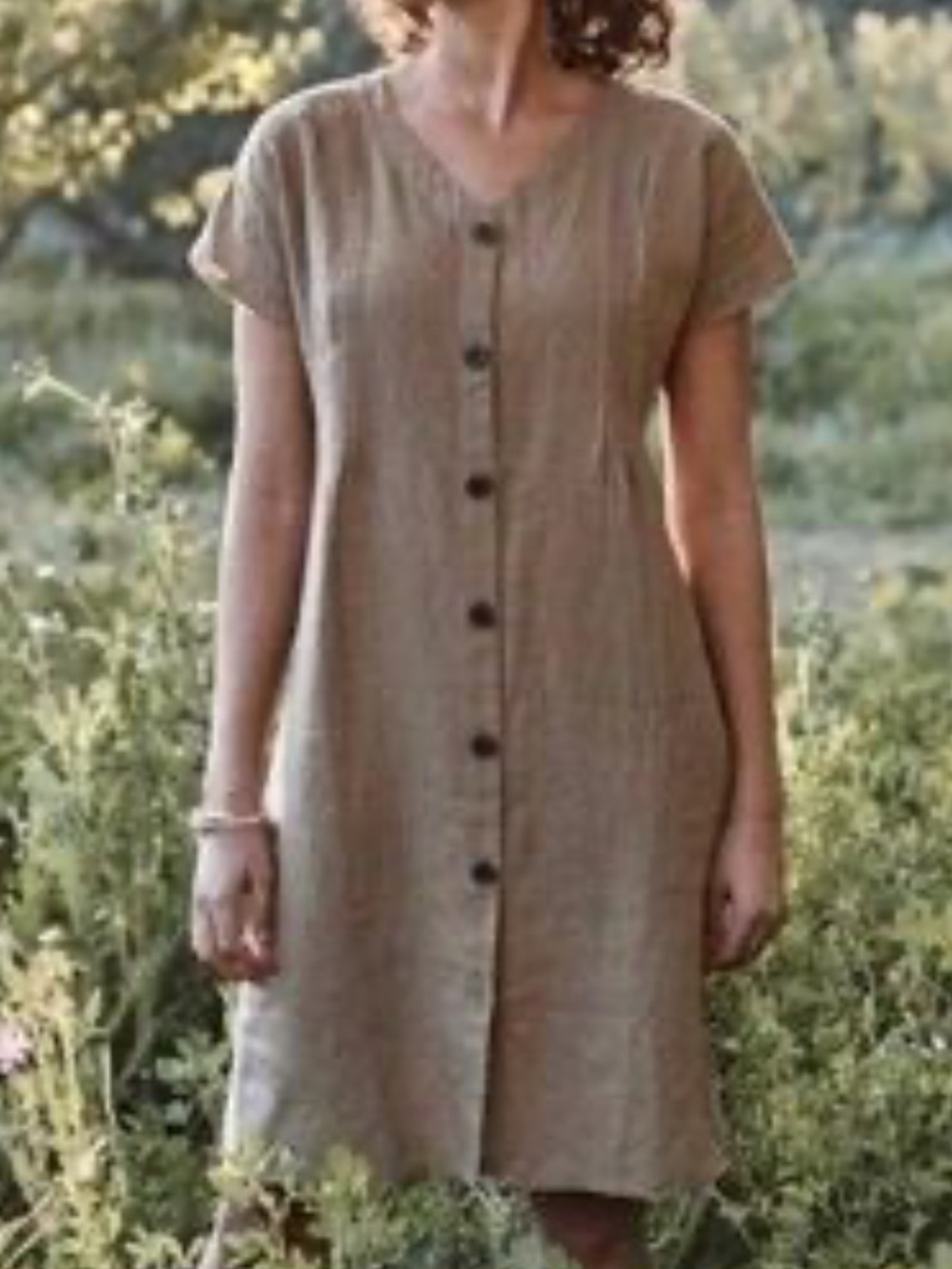 J.Jill linen Dress pleated detail button down v neck size S  tan short sleeves